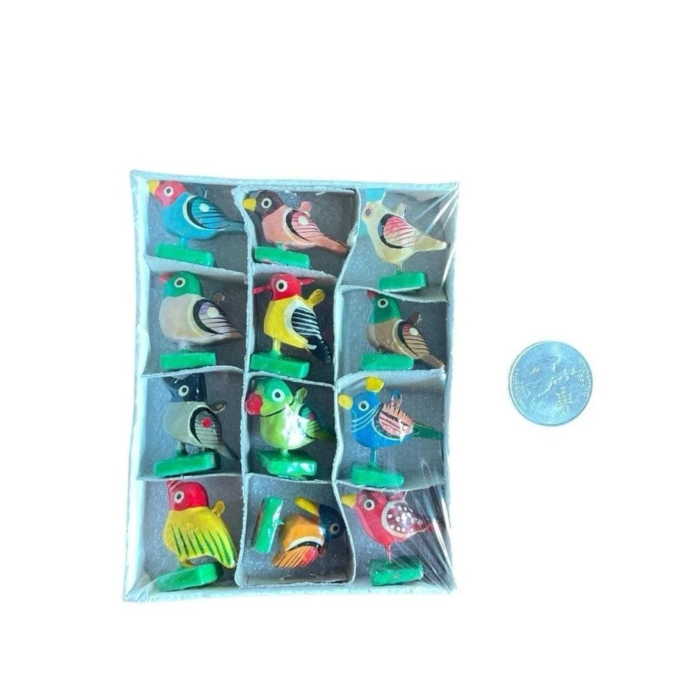 Carved & Hand Painted Miniature Exotic Wood Birds Ornaments Folk Art India 0.90